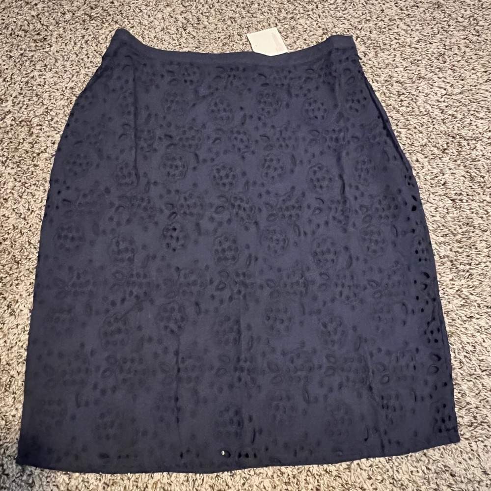 Boden Navy Blue Eyelet Embroidered Pencil Skirt US 10 UK 14 Floral Cutout Zip